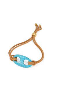 Jenna Blake Large Turquoise Nautical Link on Tan Leather Cord Bracelet