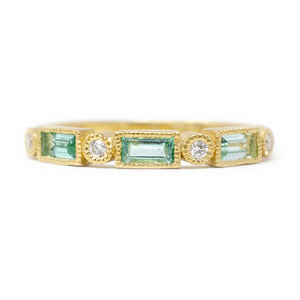 Jennifer Dawes 18k yellow gold Dash and Dot baguette emerald and diamond ring