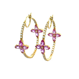 Erica Courtney 18k yellow gold  pink sapphire flower and diamond hoop