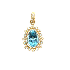 Erica Courntey 18k yellow gold pear shaped Aquamarine and diamond pendant