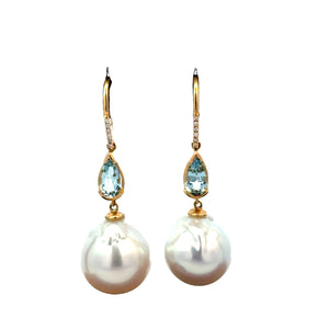 Just Jules 14k yellow gold  white South Sea pearl drop earrings with pear shaped aquamarines