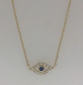 Sabrina 14k yellow gold diamond and blue sapphire evil eye necklace