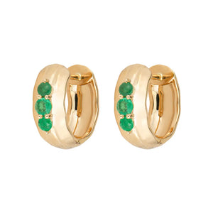 Three Stories 14k  yellow gold single double sided chunky huggie with diamonds and emeralds