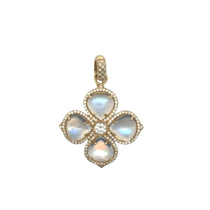 Erica Courtney 18k yellow gold diamond and cabochon blue moonstone clover pendant