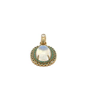 Erica Courtney 18k yellow gold  cabochon moonstone surrounded by double halo Paraiba tourmaline