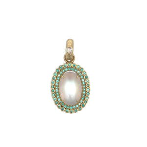 Erica Courtney 18k yellow gold  cabochon moonstone surrounded by double halo Paraiba tourmaline